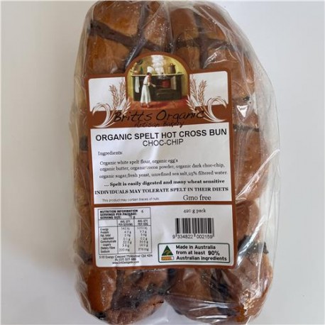 BRITTS ORGANIC SPELT HOT CROSS BUN CHOC-CHIP 420G